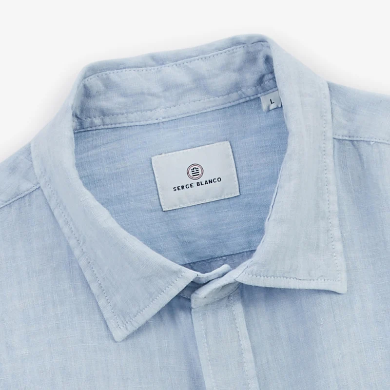 Chemise manches longues unie en lin bleu céleste