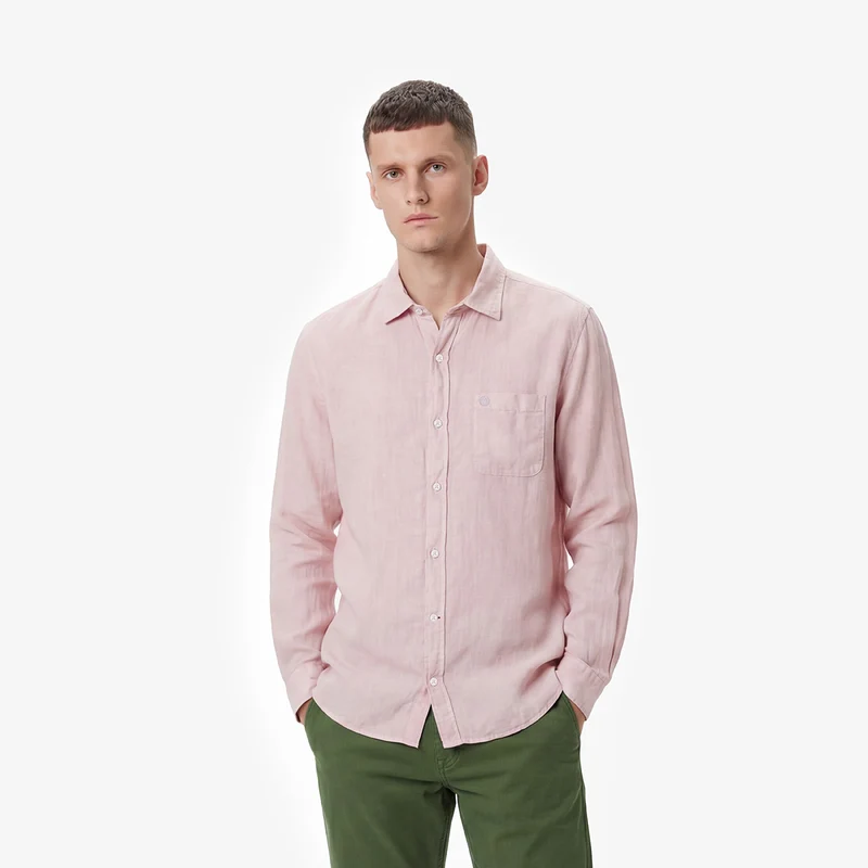 Chemise manches longues unie en lin rose