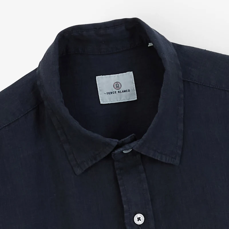 Chemise manches courtes unie en lin bleu marine