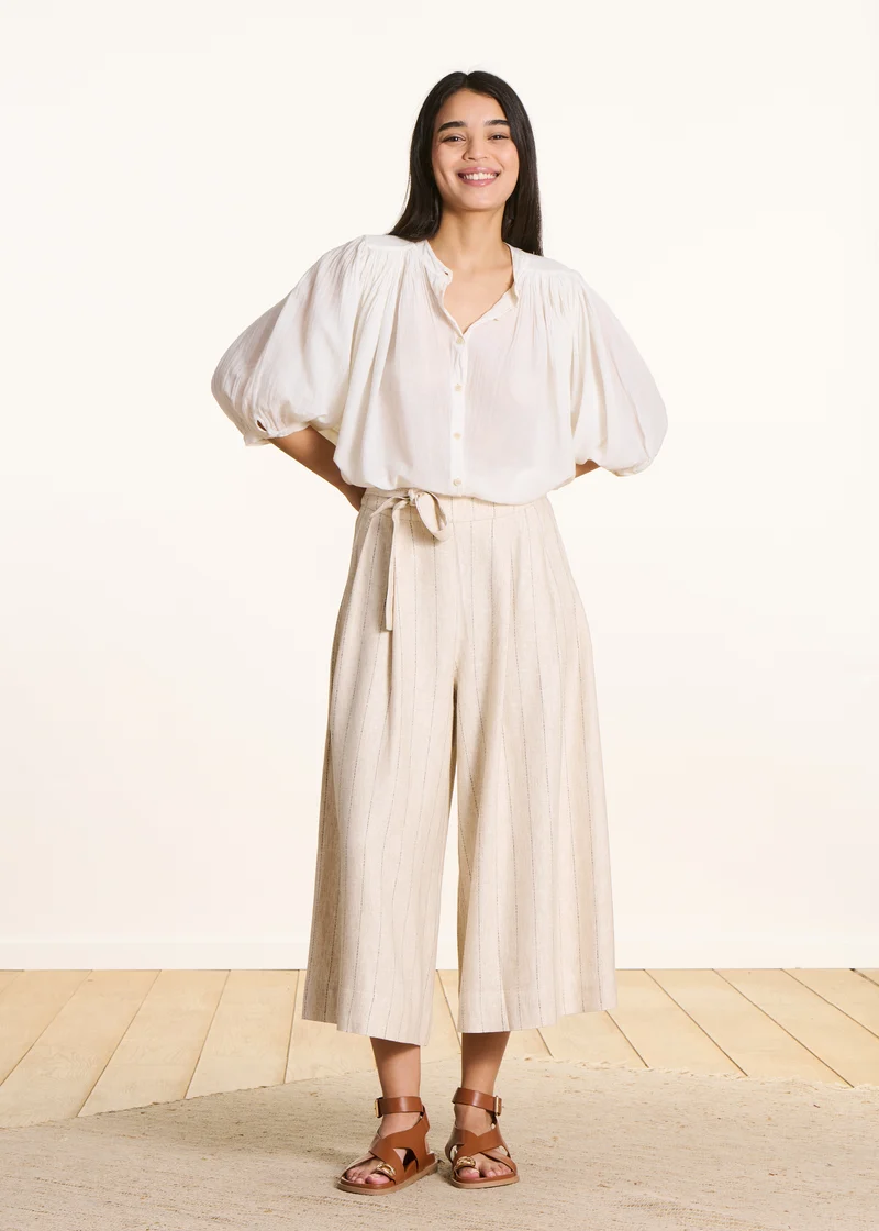 Pantalon large rayé beige taille haute