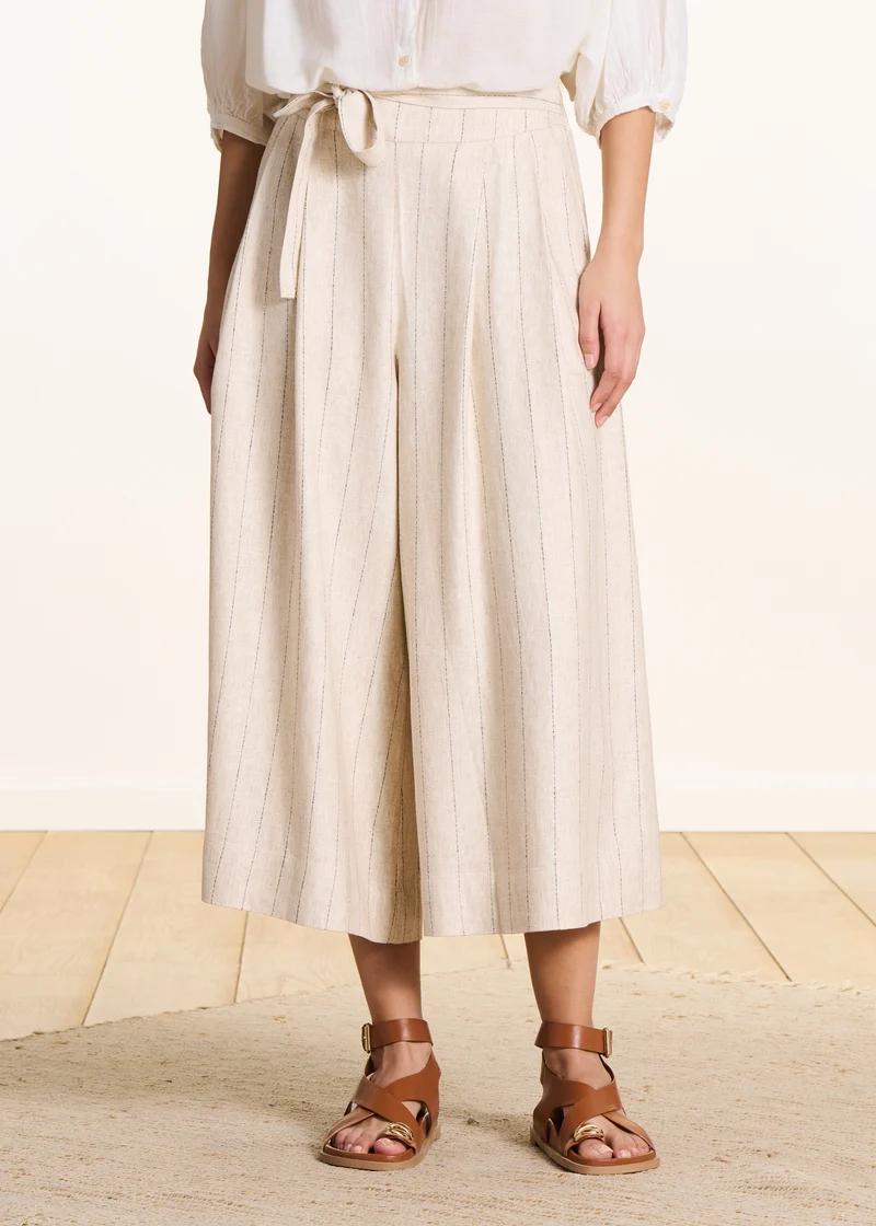 Pantalon large rayé beige taille haute