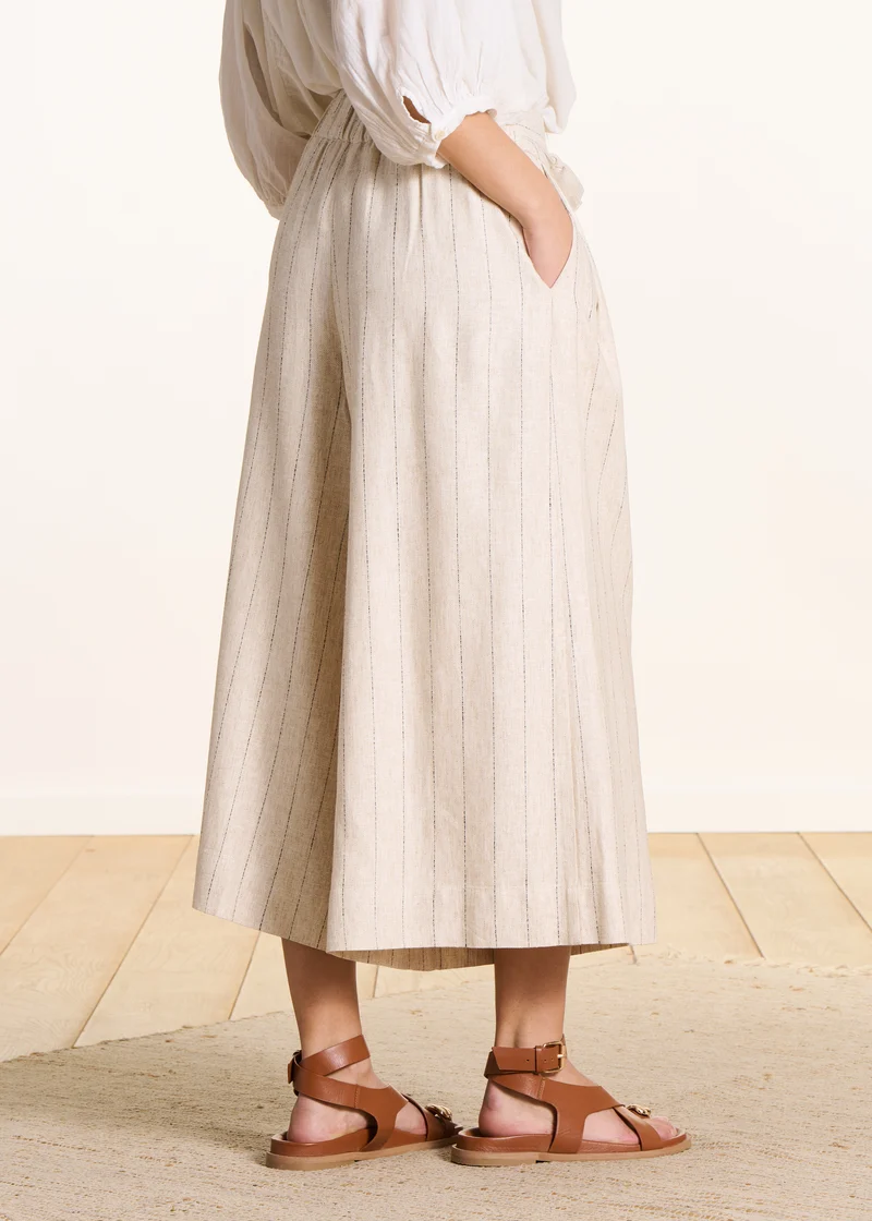 Pantalon large rayé beige taille haute