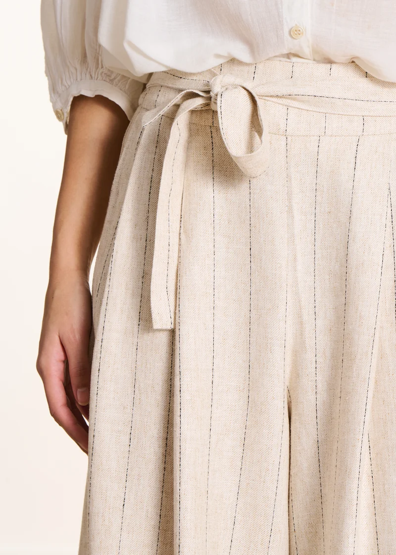Pantalon large rayé beige taille haute
