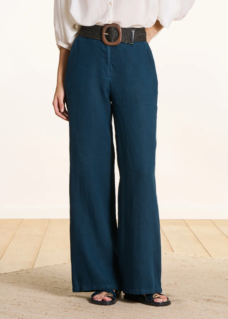 Pantalon droit et large bleu pétrole en lin taille haute