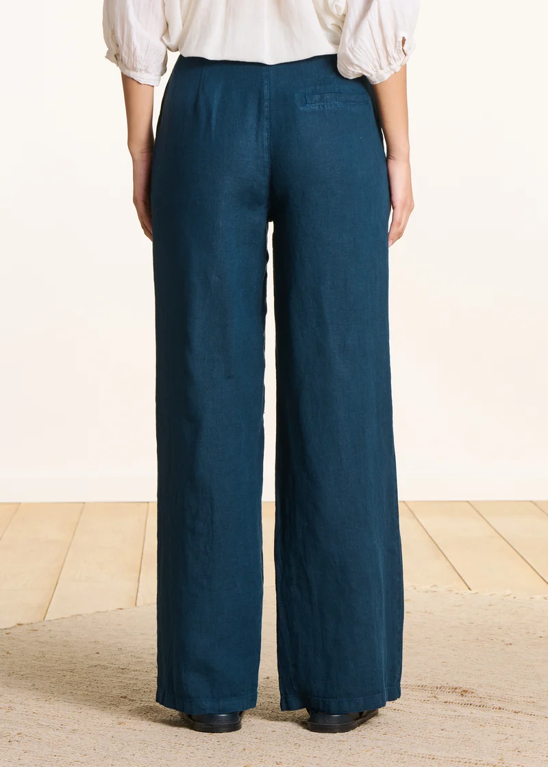 Pantalon droit et large bleu pétrole en lin taille haute