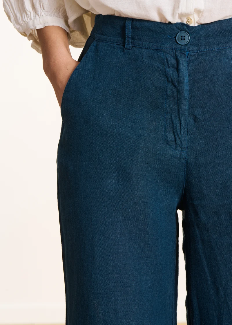 Pantalon droit et large bleu pétrole en lin taille haute