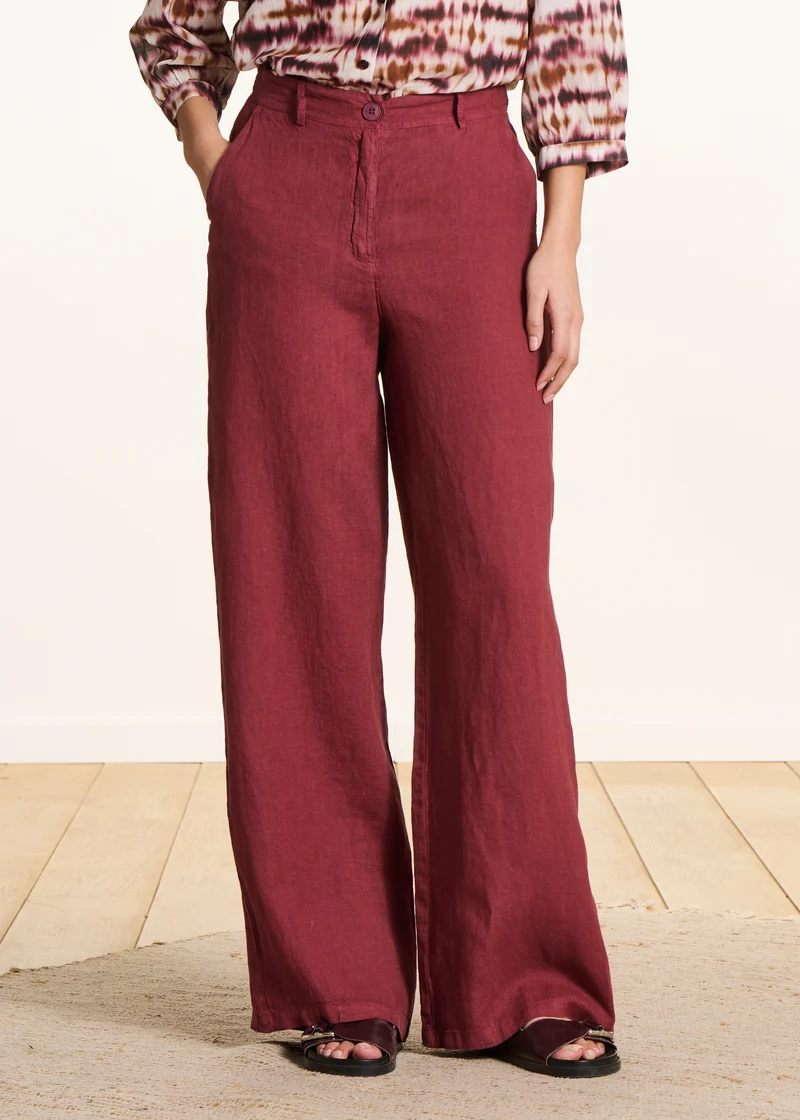 Pantalon droit et large bordeaux en lin taille haute