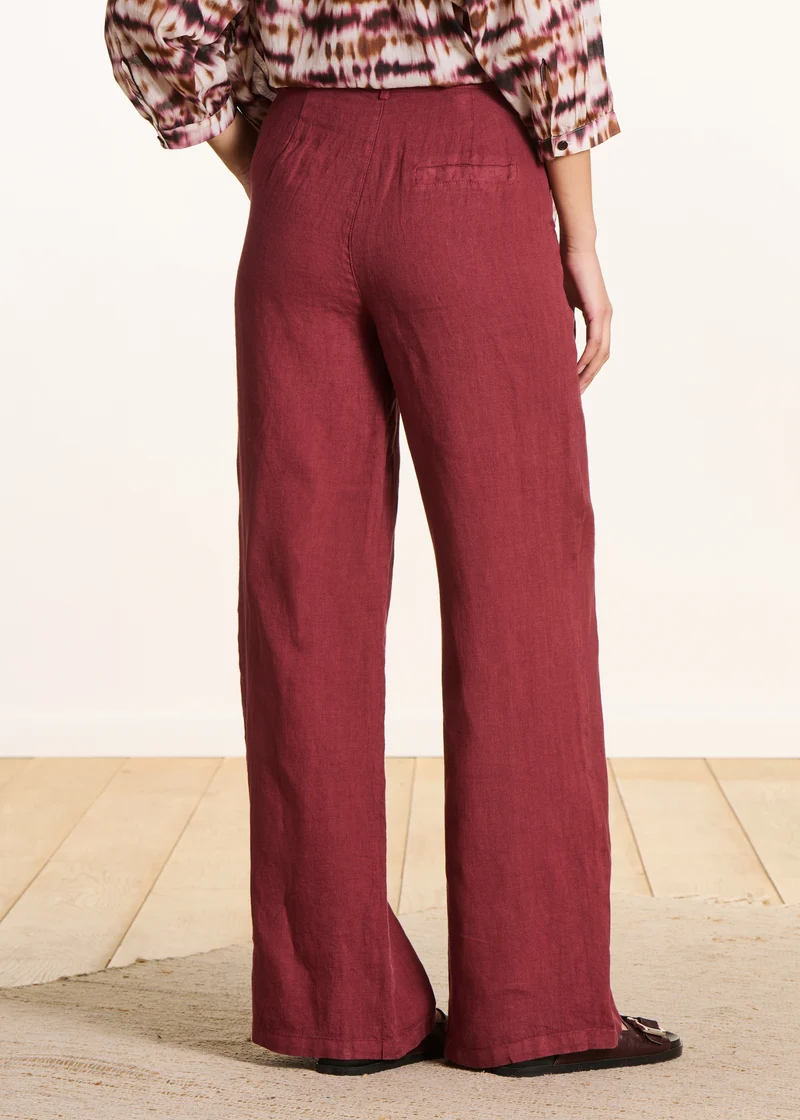 Pantalon droit et large bordeaux en lin taille haute