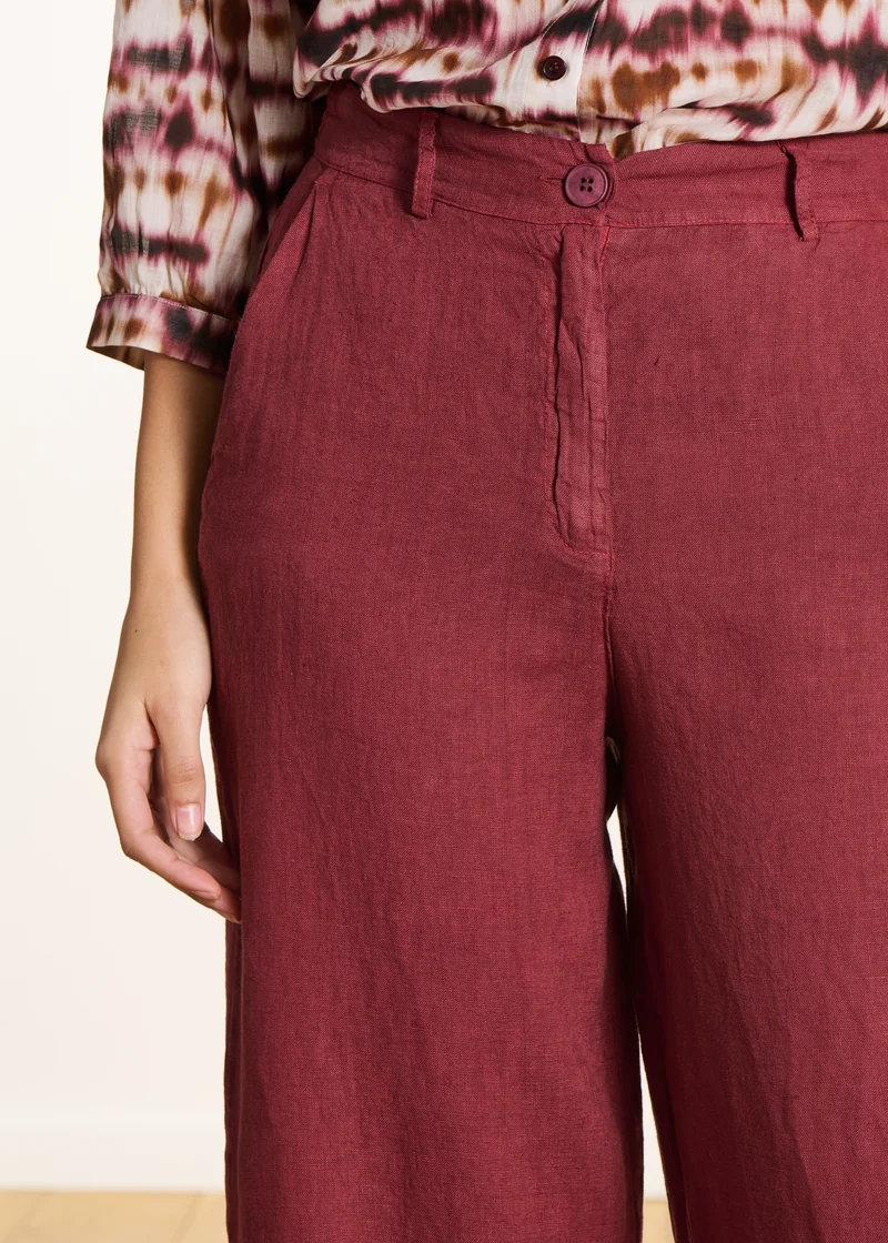 Pantalon droit et large bordeaux en lin taille haute