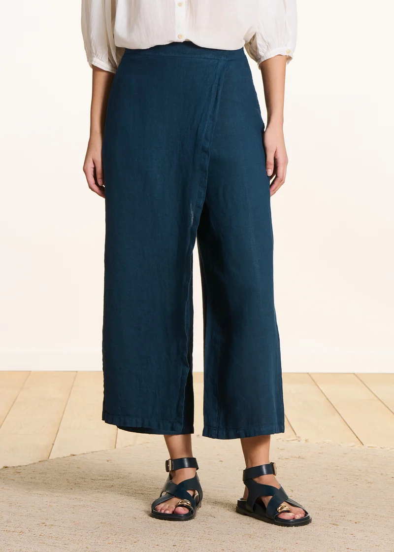 Pantalon large 7/8ème bleu pétrole en lin avec pan