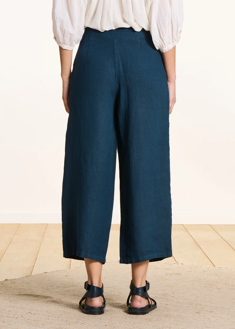 Pantalon large 7/8ème bleu pétrole en lin avec pan
