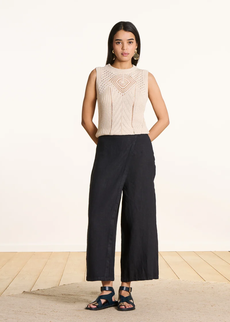 Pantalon large 7/8ème bleu foncé en lin avec pan