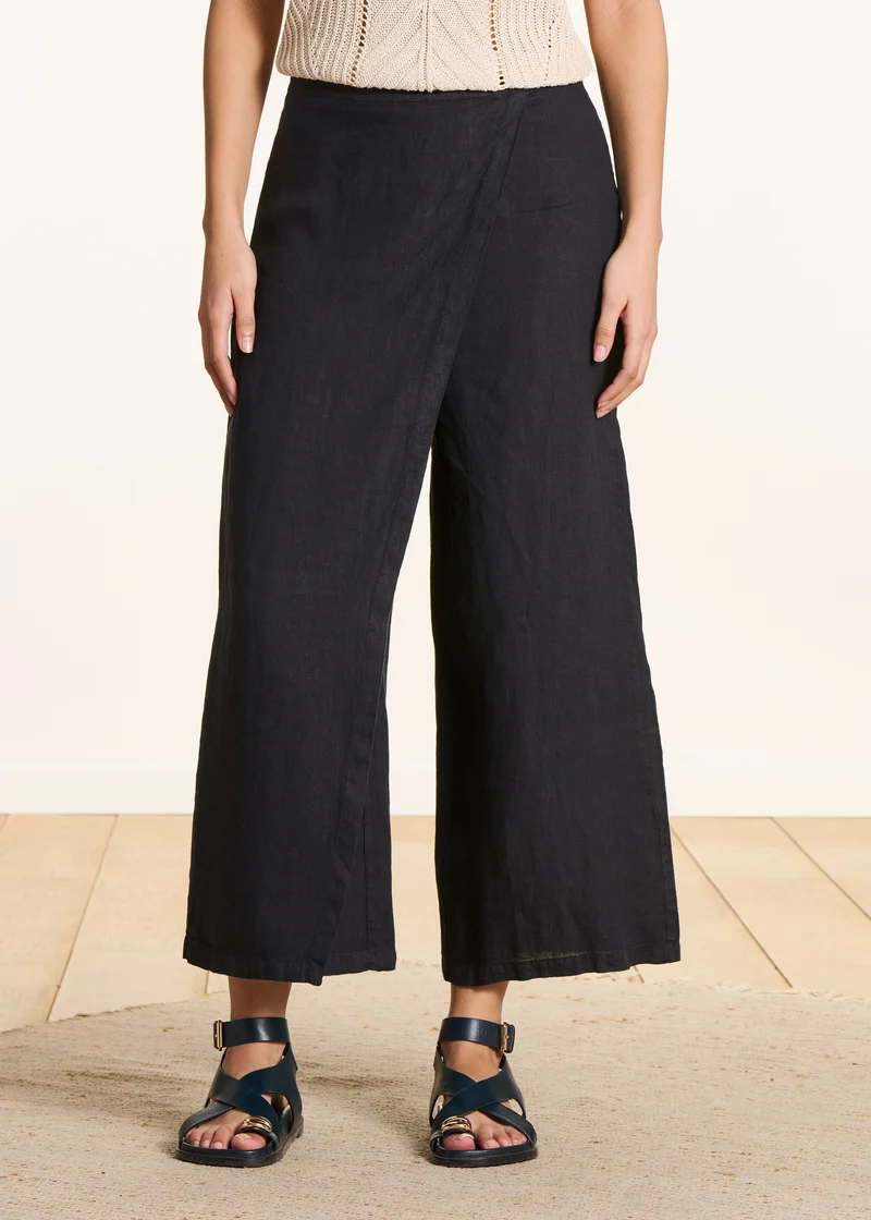 Pantalon large 7/8ème bleu foncé en lin avec pan