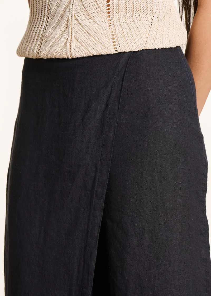 Pantalon large 7/8ème bleu foncé en lin avec pan