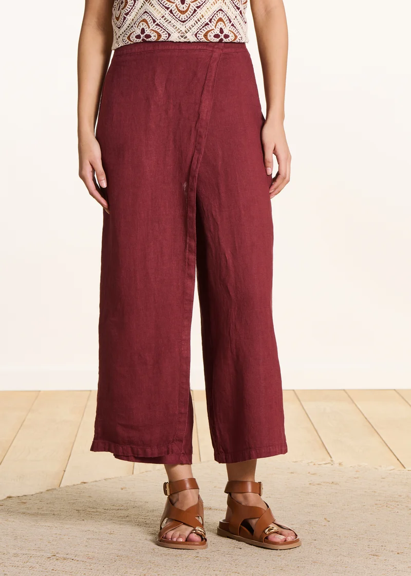 Pantalon large 7/8ème bordeaux en lin avec pan
