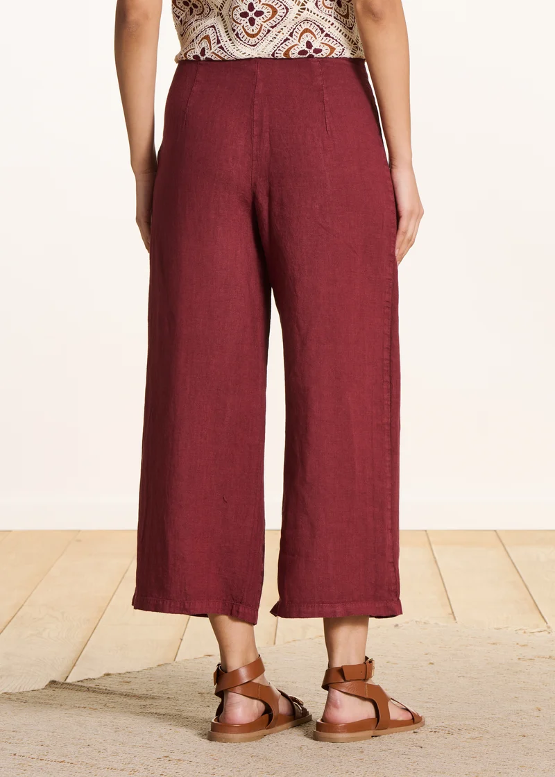 Pantalon large 7/8ème bordeaux en lin avec pan