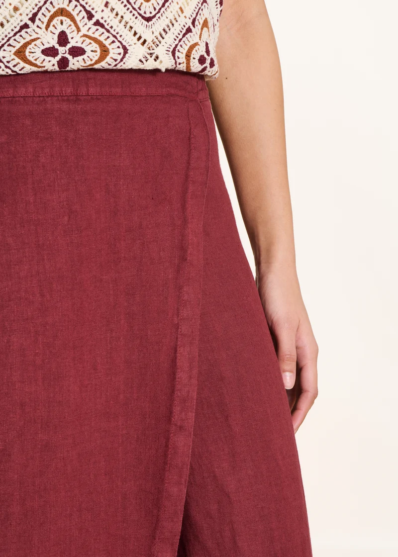 Pantalon large 7/8ème bordeaux en lin avec pan