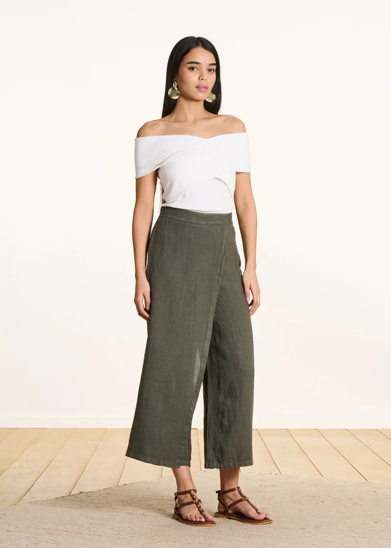 Pantalon large 7/8ème kaki en lin avec pan