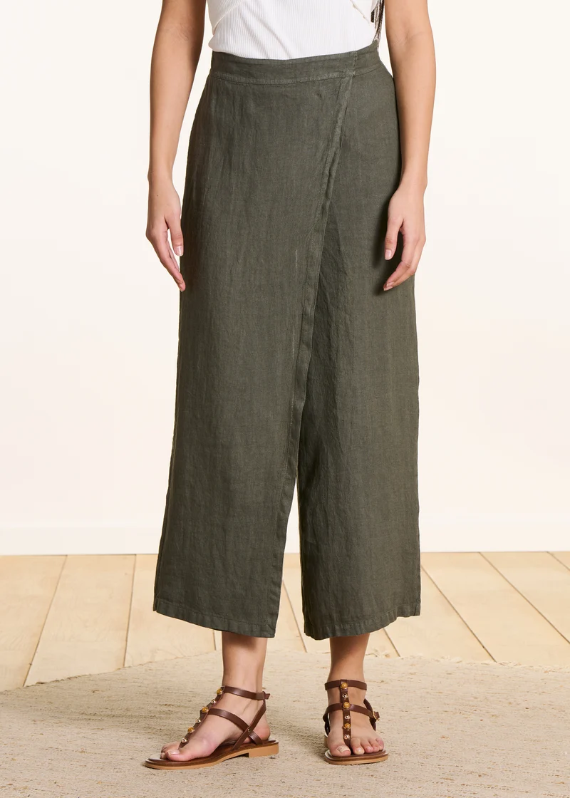 Pantalon large 7/8ème kaki en lin avec pan
