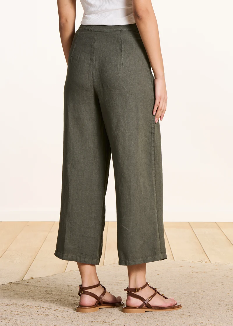 Pantalon large 7/8ème kaki en lin avec pan