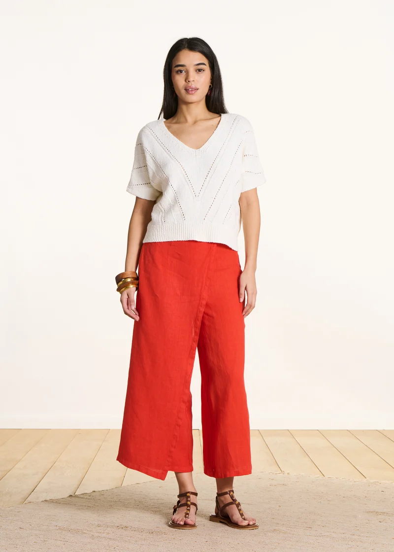 Pantalon large 7/8ème orange en lin avec pan