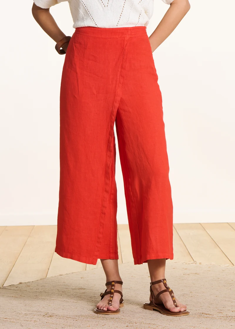 Pantalon large 7/8ème orange en lin avec pan
