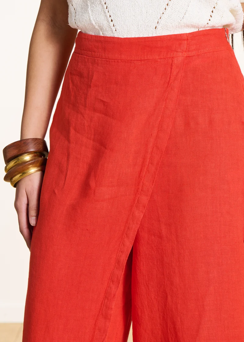 Pantalon large 7/8ème orange en lin avec pan