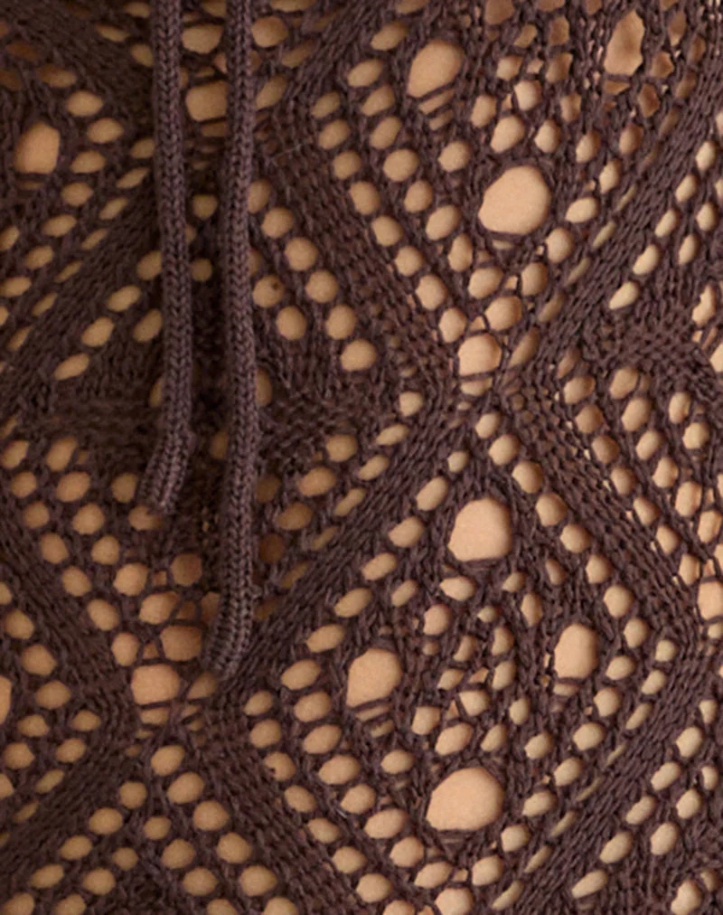 Robe mi-longue Yasiya en maille crochetée ajourée, couleur chocolat noir