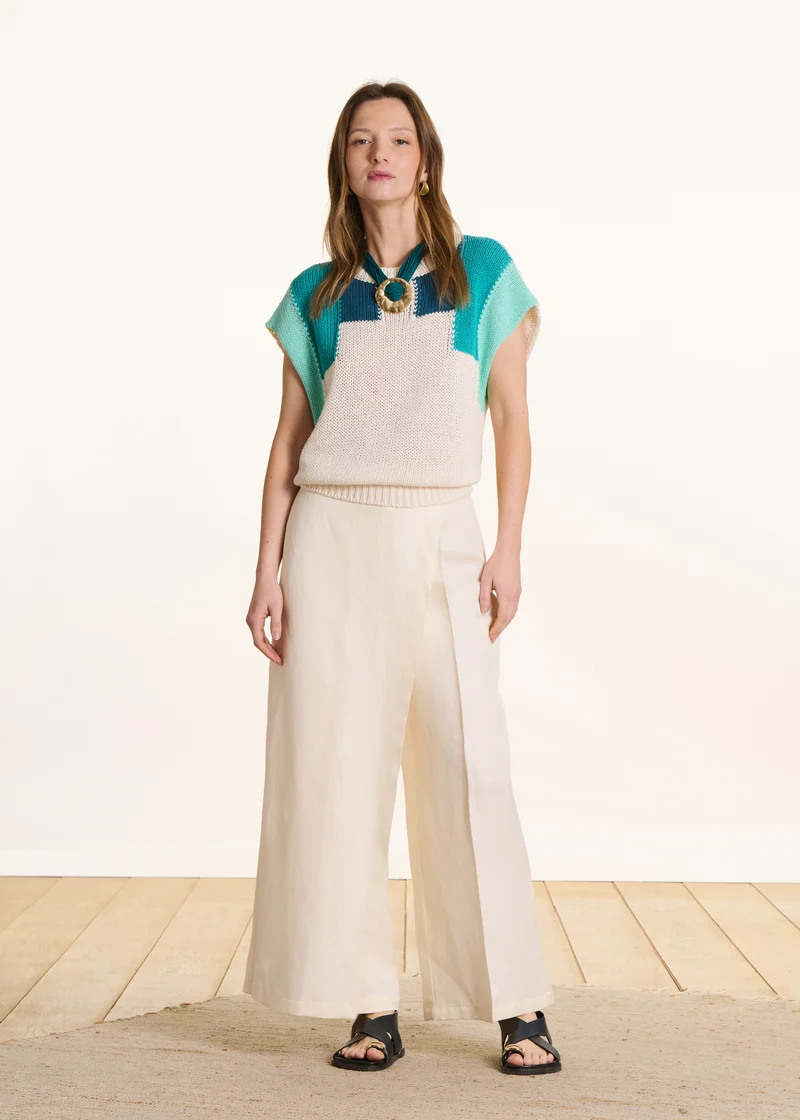 Pantalon taille haute 7/8ème écru à pan
