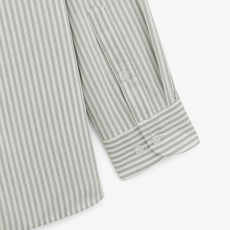 Chemise manches longues en coton à rayures bâton beige mastic