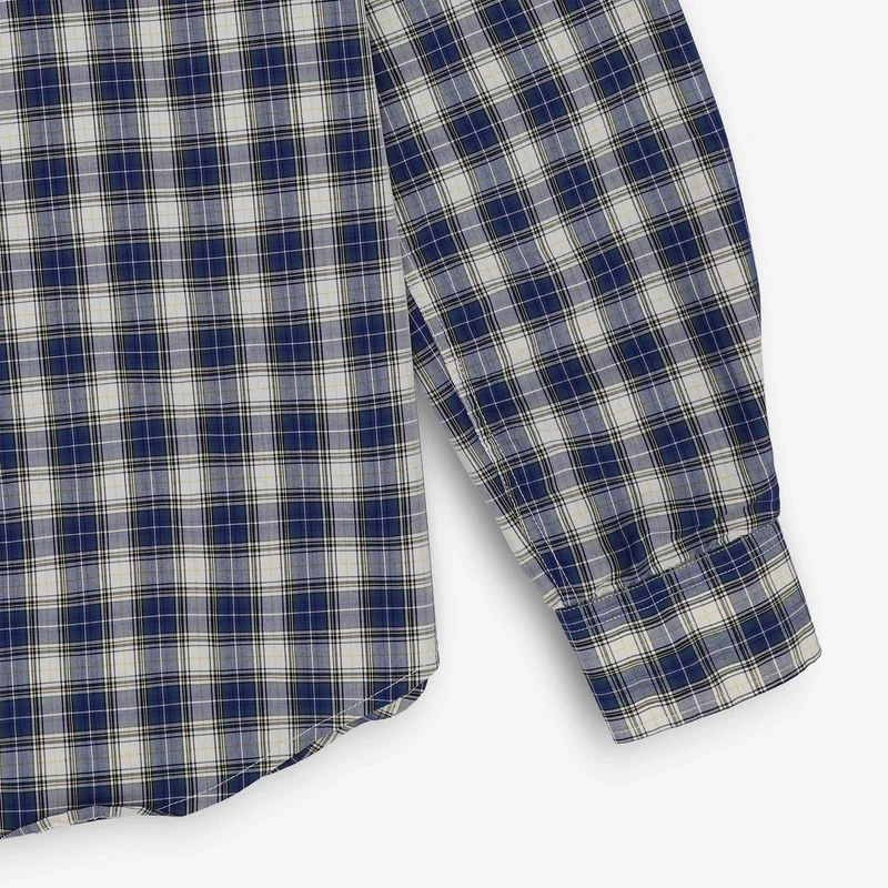 Chemise manches longues en coton bleue et beige à carreaux