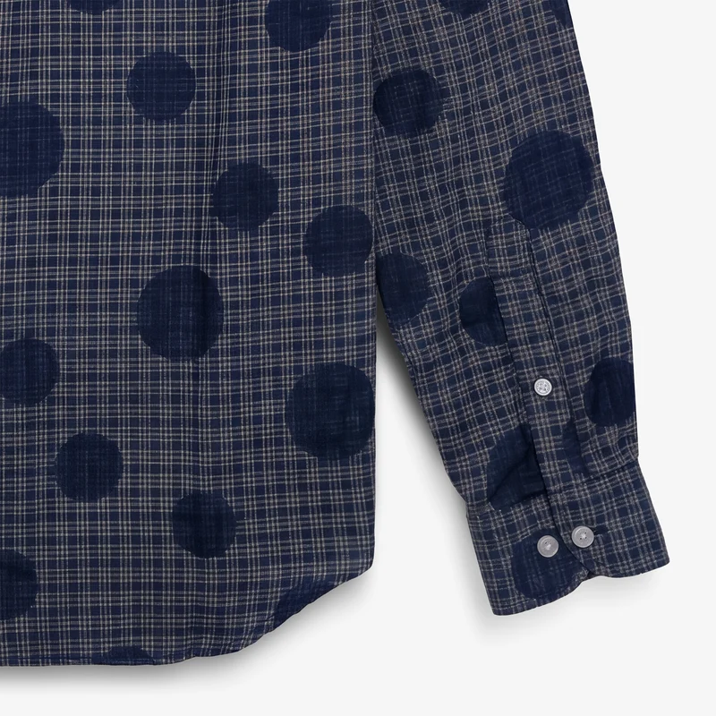 Chemise manches longues à carreaux et pois bleue