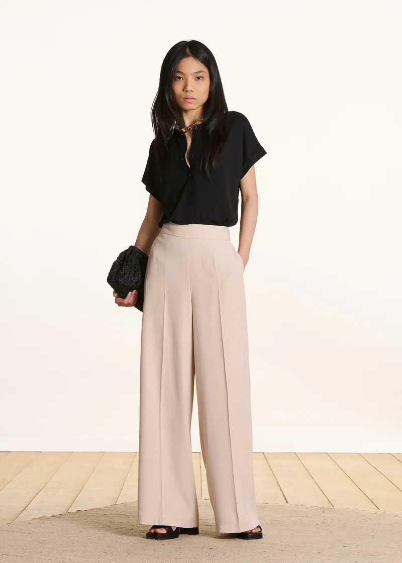 Pantalon large beige taille haute