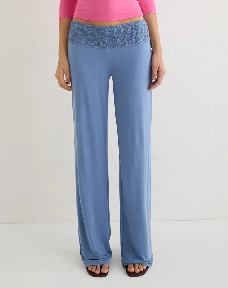 Pantalon Jia en cupro bleu poudré avec bordure en dentelle