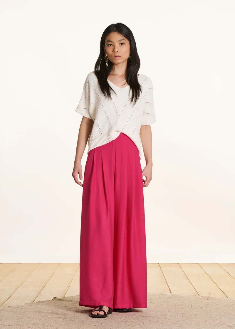 Pantalon rose fuchsia long taille haute élastiquée