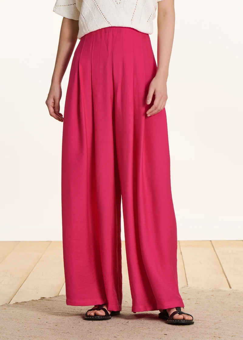 Pantalon rose fuchsia long taille haute élastiquée