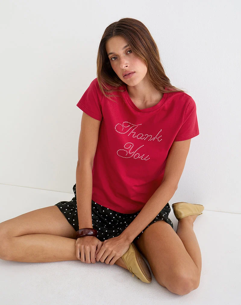 T-shirt Alio rouge écarlate avec motif « Thank You » orné de strass