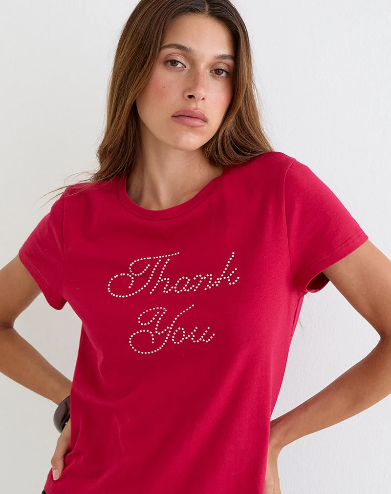 T-shirt Alio rouge écarlate avec motif « Thank You » orné de strass