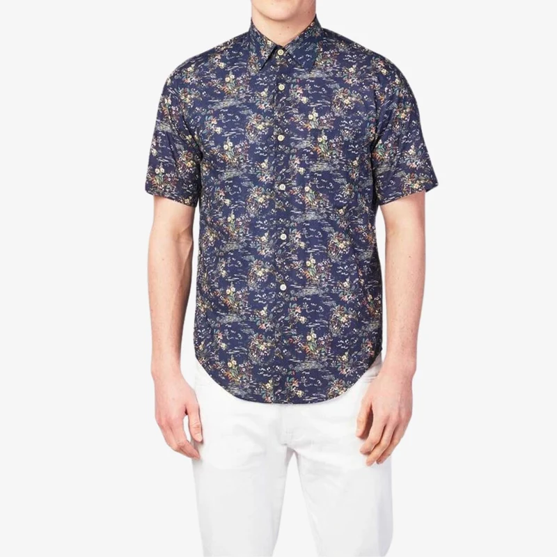 Chemise imprimée manches courtes bleu foncé en coton