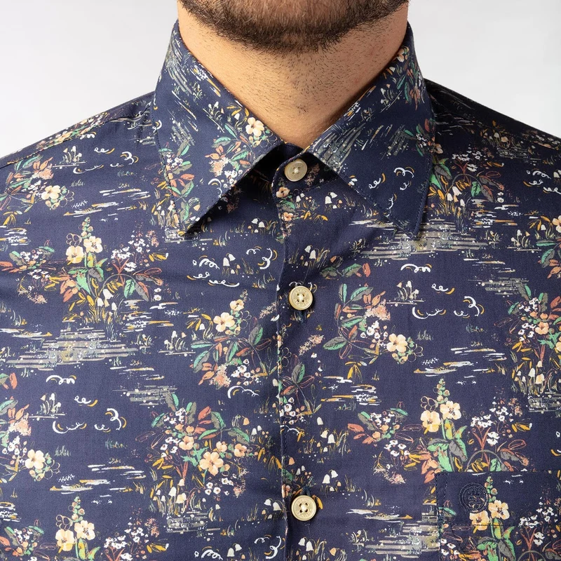 Chemise imprimée manches courtes bleu foncé en coton
