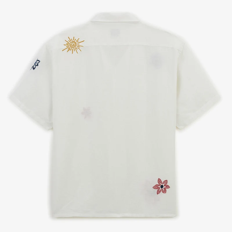 Chemise manches courtes fleurs brodées en lin et coton blanche