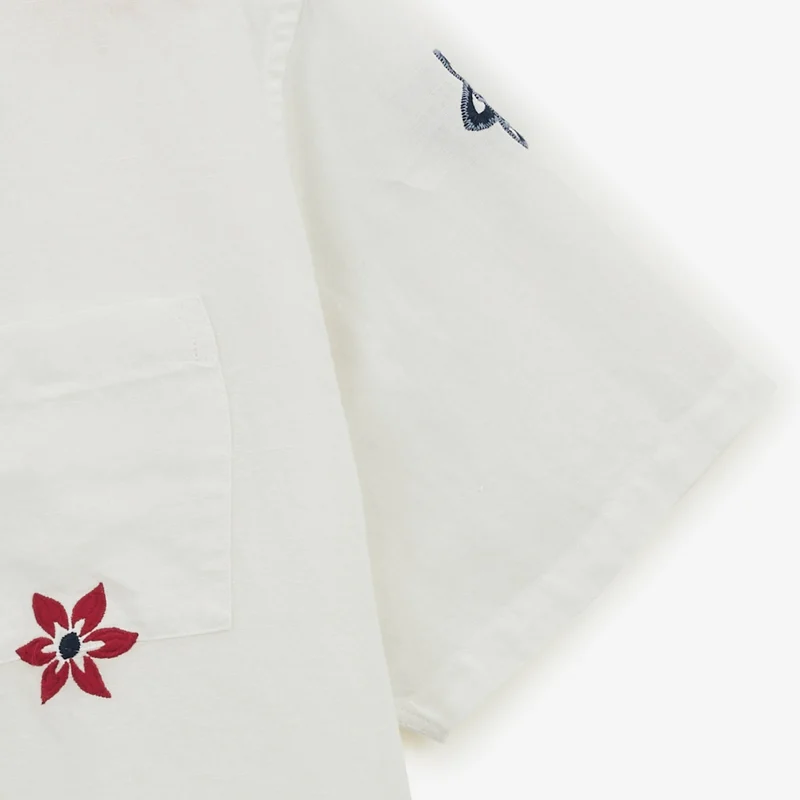 Chemise manches courtes fleurs brodées en lin et coton blanche