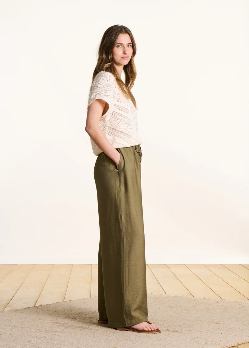 Pantalon large kaki taille élastiquée