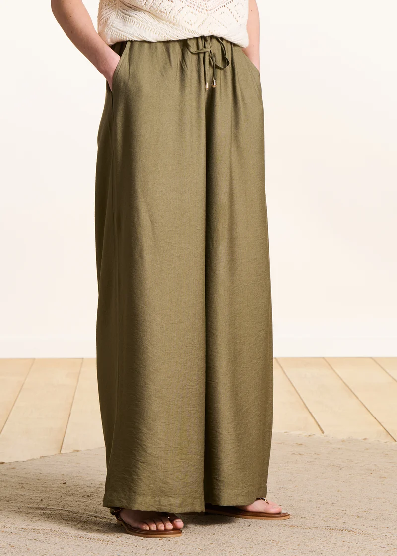 Pantalon large kaki taille élastiquée