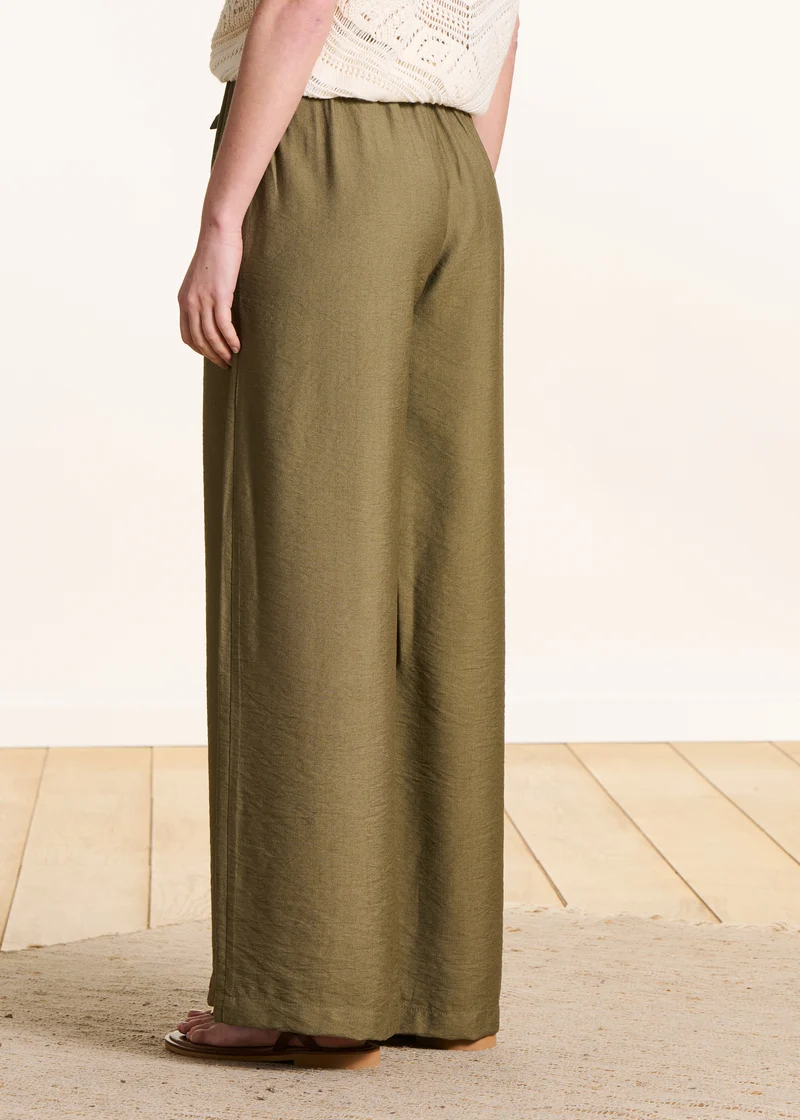 Pantalon large kaki taille élastiquée