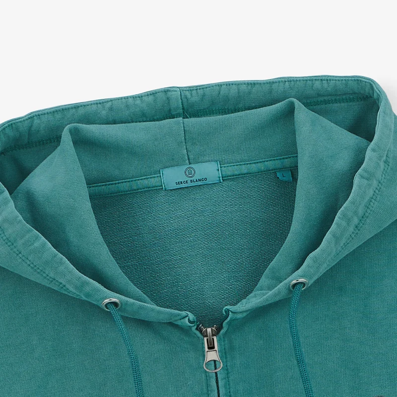 Sweat à capuche zippé teinture old en coton vert menthe