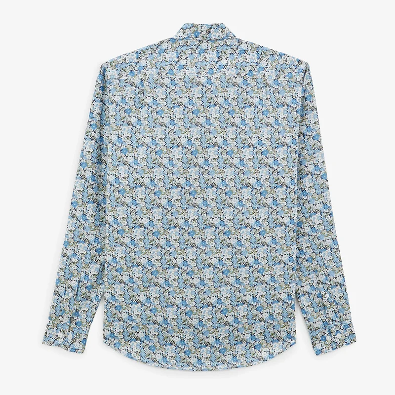 Chemise bleu pacific à manches longues en tissu fleuri