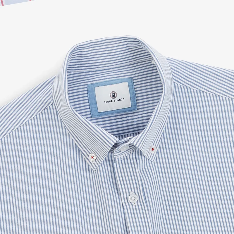 Chemise manches longues coton oxford rayé bleu sashiko