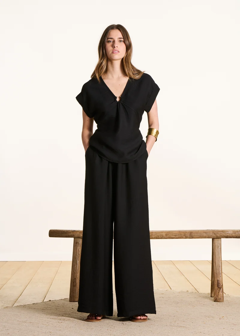 Pantalon large noir taille élastiquée