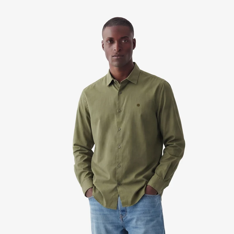 Chemise manches longues en coton stretch unie vert army